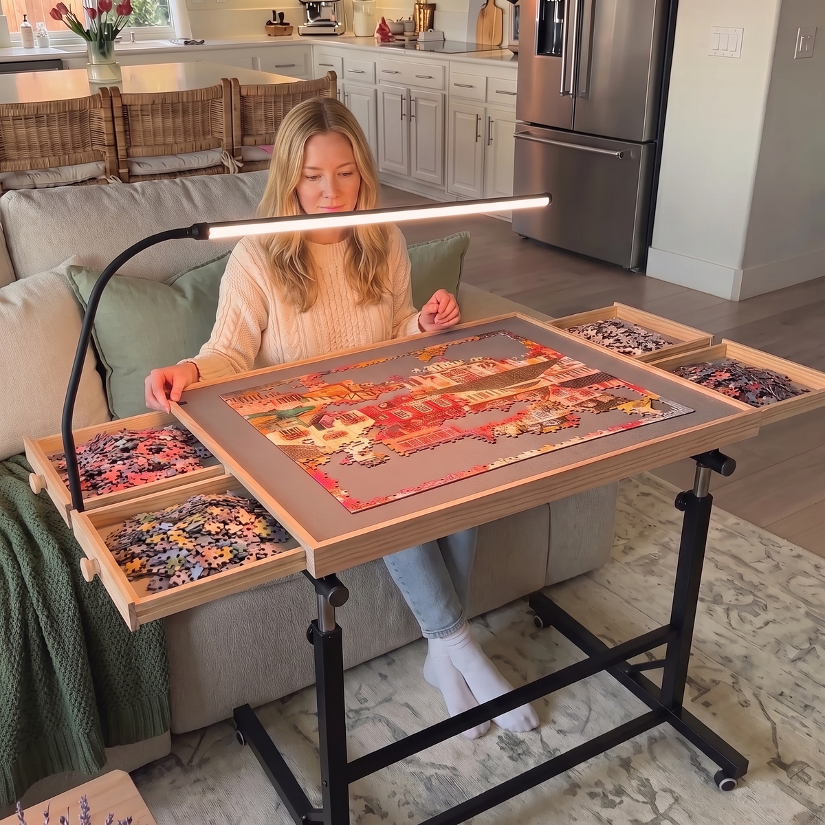 Woman doing a jigsaw puzzle on the PuzzleNest rolling puzzle table from her couch