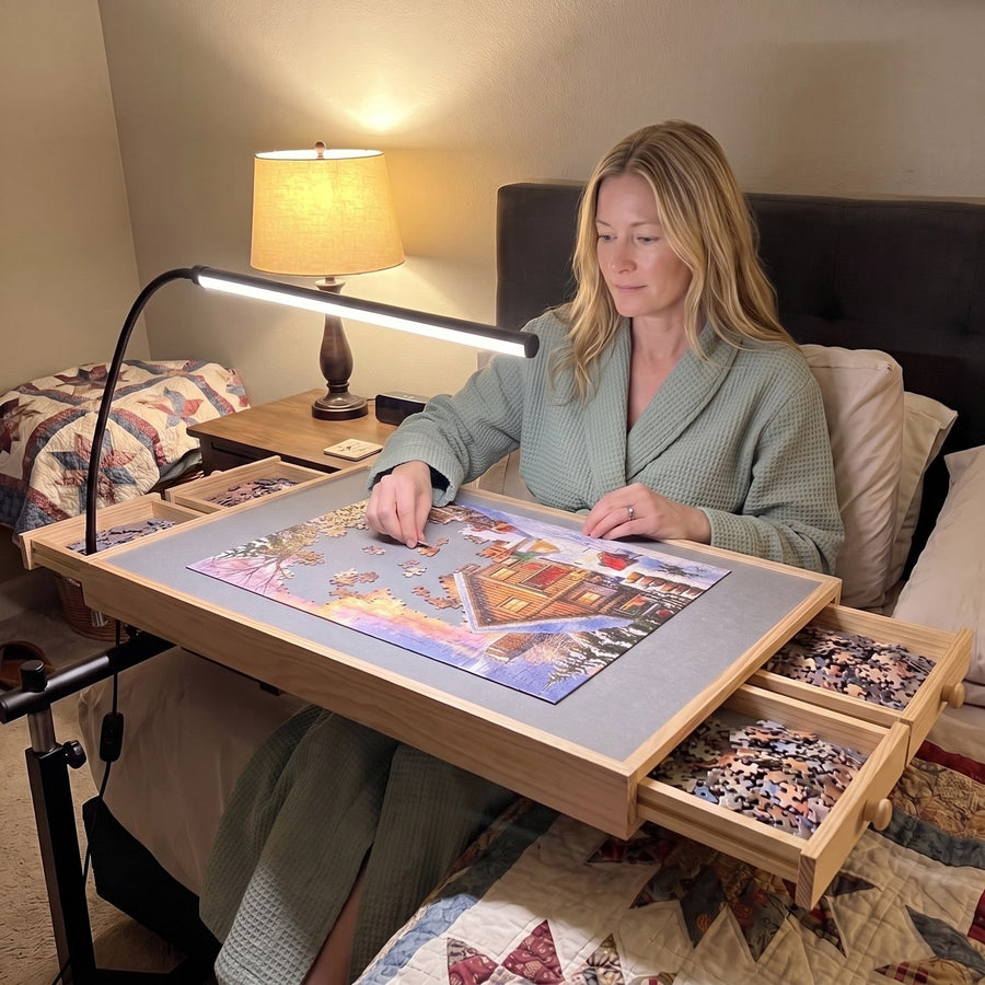 PuzzleNest table pulled up over the bed