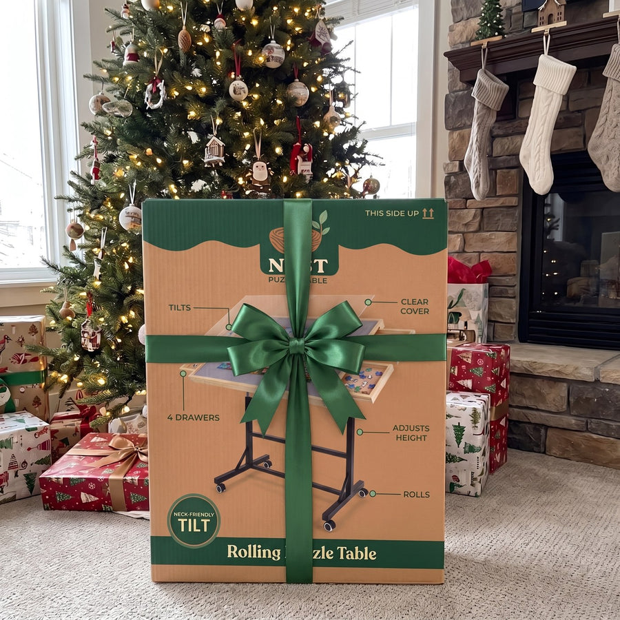 PuzzleNest box wrapped under the Christmas tree